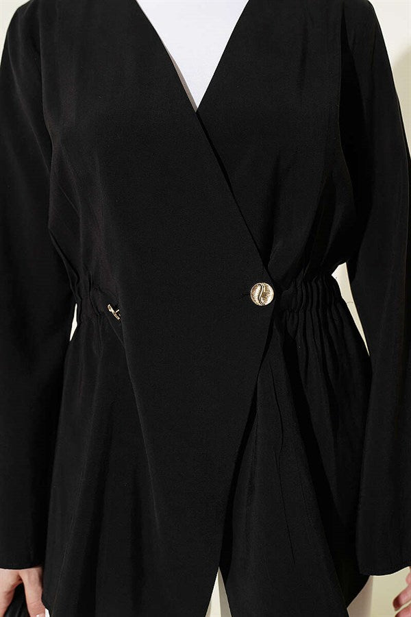 Tencel Jacket with Elastic Waistband and Button Closure, Black