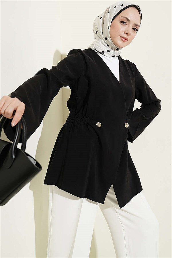 Tencel Jacket with Elastic Waistband and Button Closure, Black