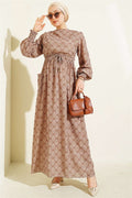 Camel Ethnic Pattern Dress with Elastic Waist