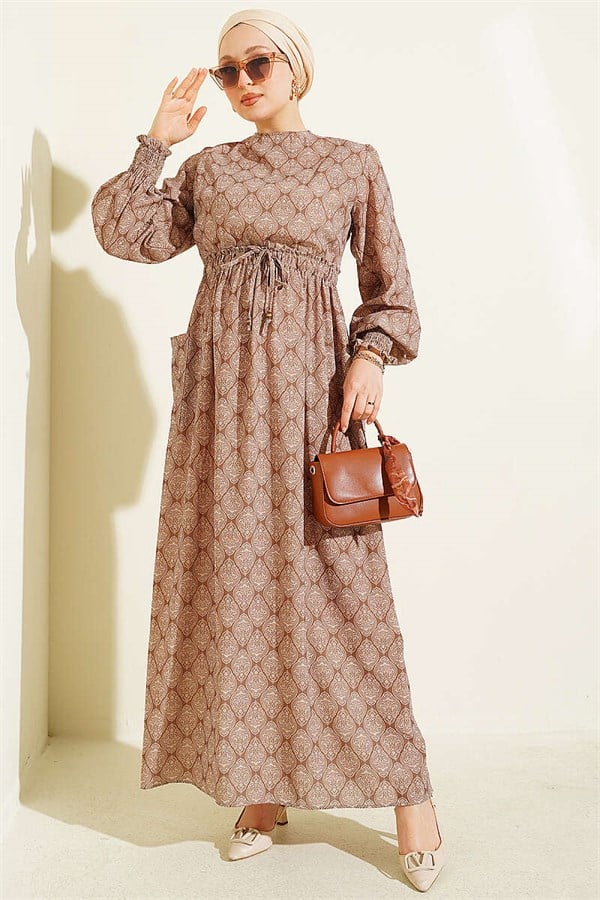 Camel Ethnic Pattern Dress with Elastic Waist