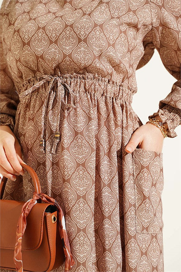 Camel Ethnic Pattern Dress with Elastic Waist