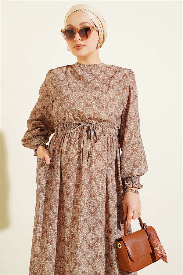 Camel Ethnic Pattern Dress with Elastic Waist