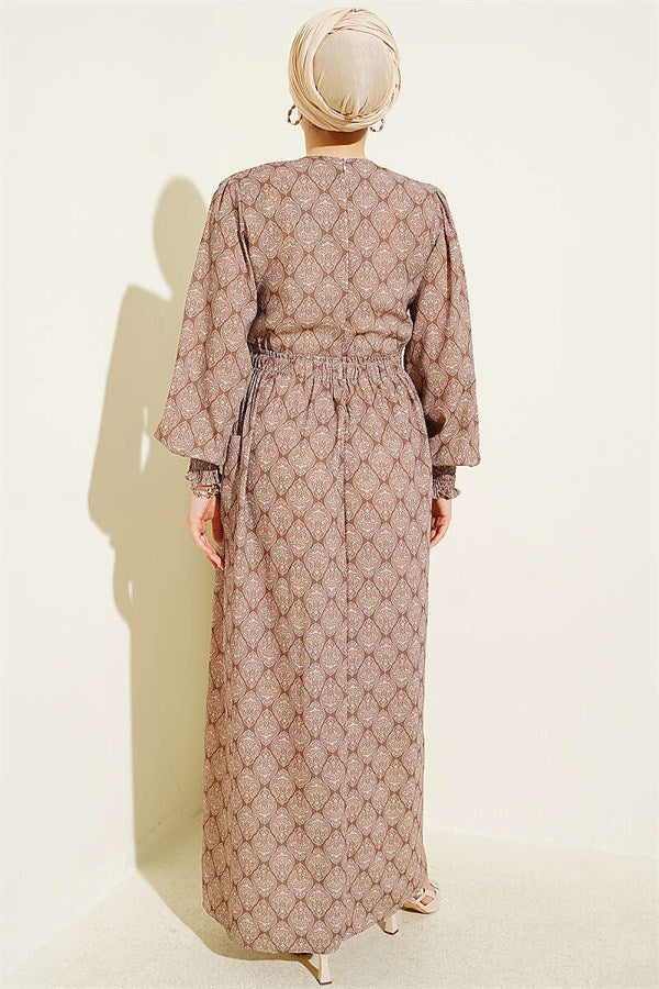 Camel Ethnic Pattern Dress with Elastic Waist