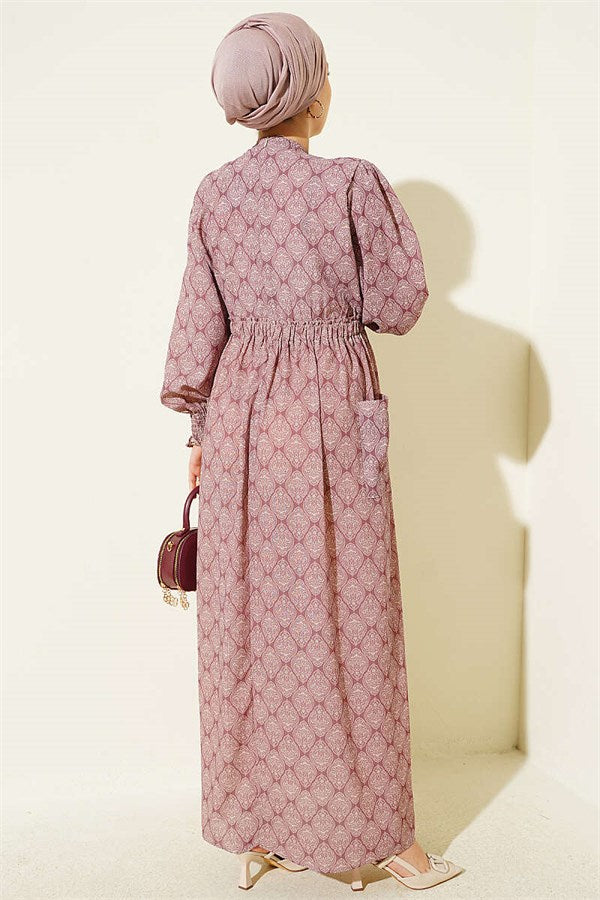 Ethnic Pattern Dress with Elastic Waist, Rose Pink