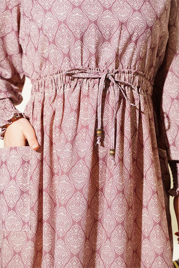Ethnic Pattern Dress with Elastic Waist, Rose Pink
