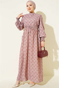 Ethnic Pattern Dress with Elastic Waist, Rose Pink