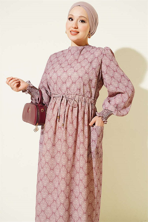 Ethnic Pattern Dress with Elastic Waist, Rose Pink