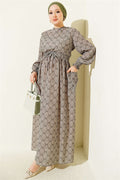 Ethnic Pattern Dress with Elastic Waistband, Khaki