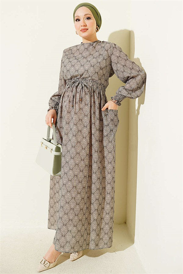 Ethnic Pattern Dress with Elastic Waistband, Khaki