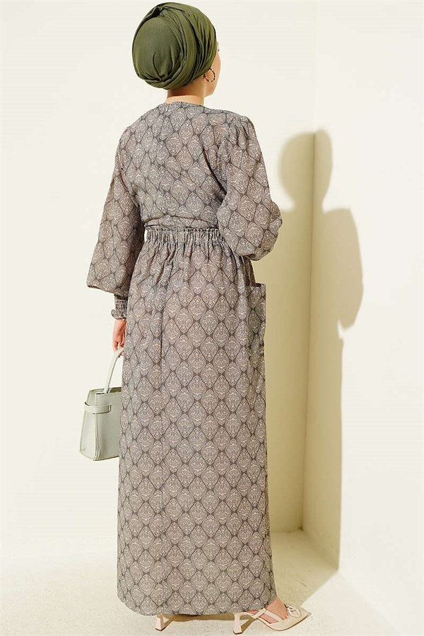 Ethnic Pattern Dress with Elastic Waistband, Khaki