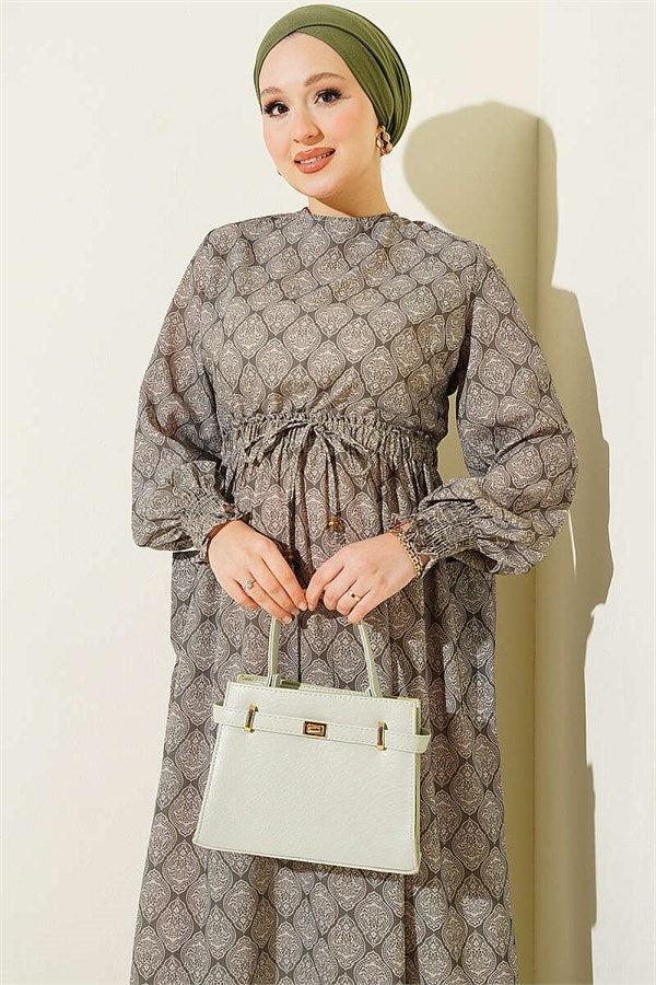 Ethnic Pattern Dress with Elastic Waistband, Khaki