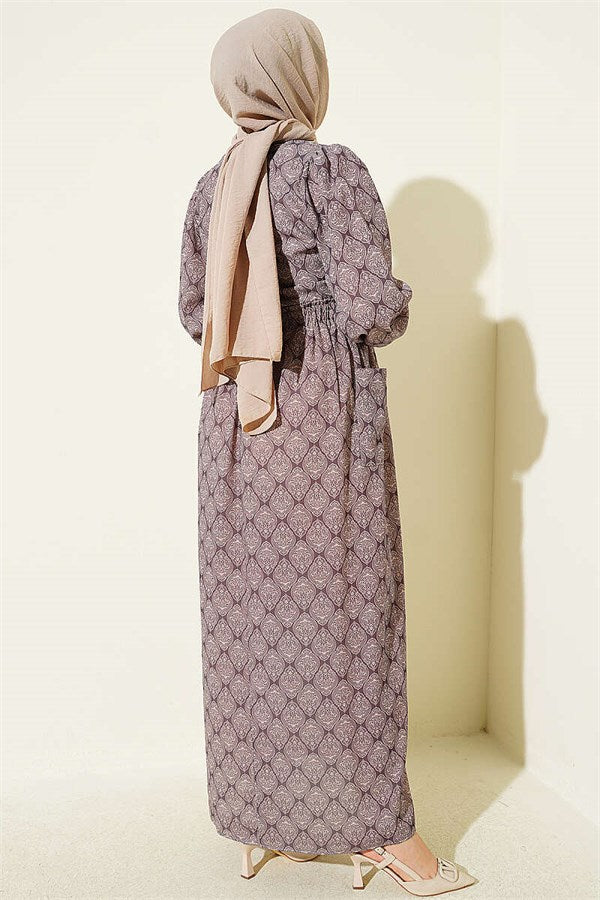 Ethnic Pattern Dress with Elastic Waist, Mink