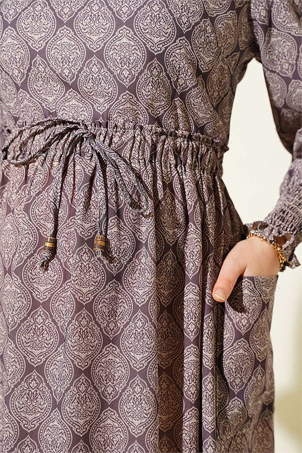 Ethnic Pattern Dress with Elastic Waist, Mink
