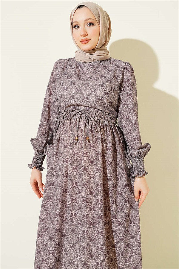 Ethnic Pattern Dress with Elastic Waist, Mink