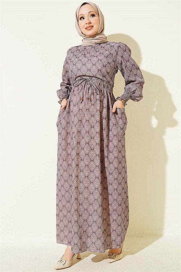 Ethnic Pattern Dress with Elastic Waist, Mink