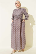 Ethnic Pattern Dress with Elastic Waist, Mink