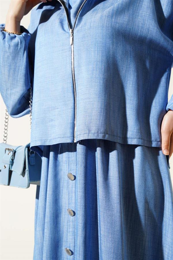 Waist Elastic Zippered Vest Dress Set Indigo