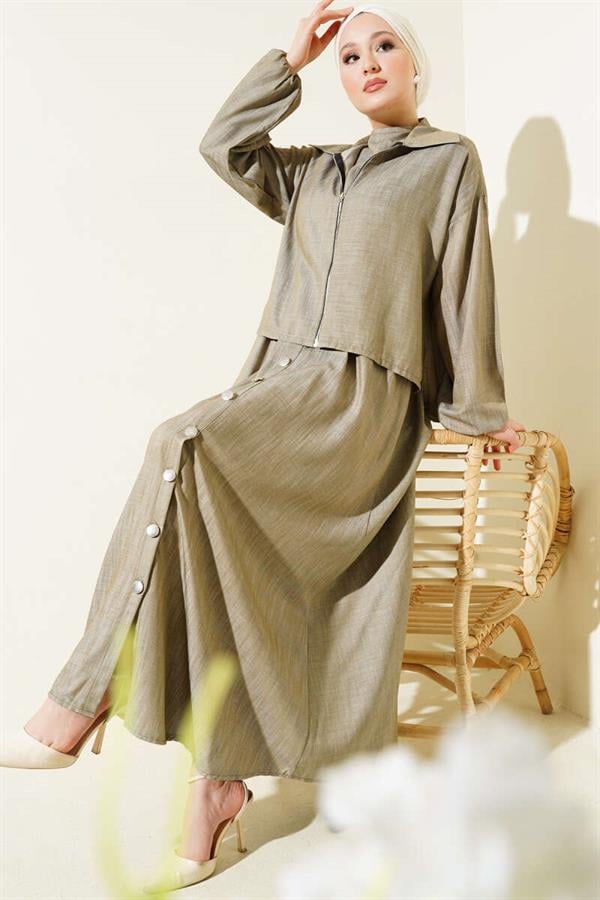 Waist Elastic Zippered Vest Dress Set Mink