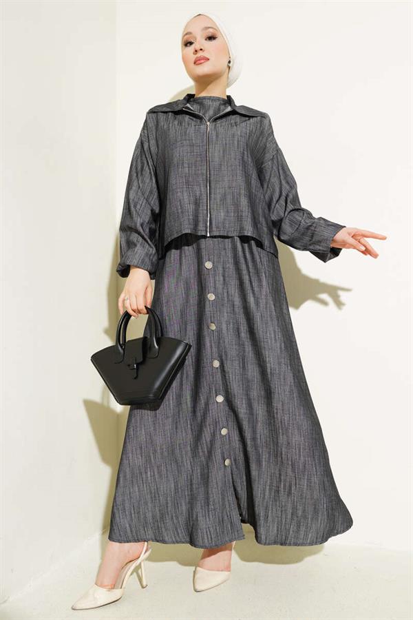Waist Elastic Zippered Vest Dress Set Smoke