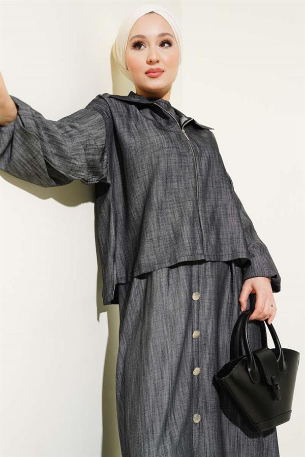 Waist Elastic Zippered Vest Dress Set Smoke