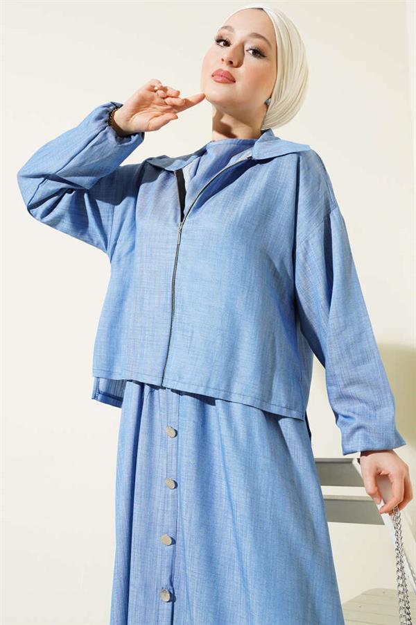 Waist Elastic Zippered Vest Dress Set Indigo
