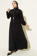 Black Tencel Dress with Elastic Waist and Zipper