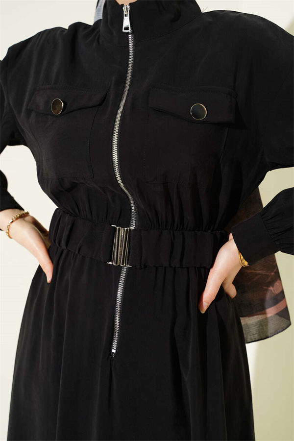 Black Tencel Dress with Elastic Waist and Zipper