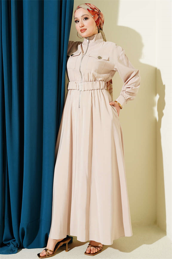 Tencel Dress with Elastic Waist and Zipper - Stone