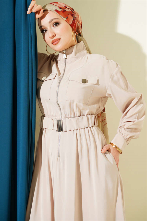 Tencel Dress with Elastic Waist and Zipper - Stone