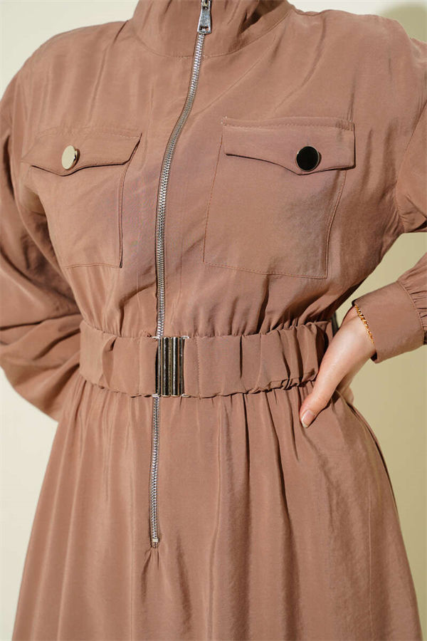 Tencel Dress with Elastic Waist and Zipper, Mink