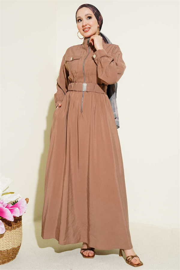 Tencel Dress with Elastic Waist and Zipper, Mink