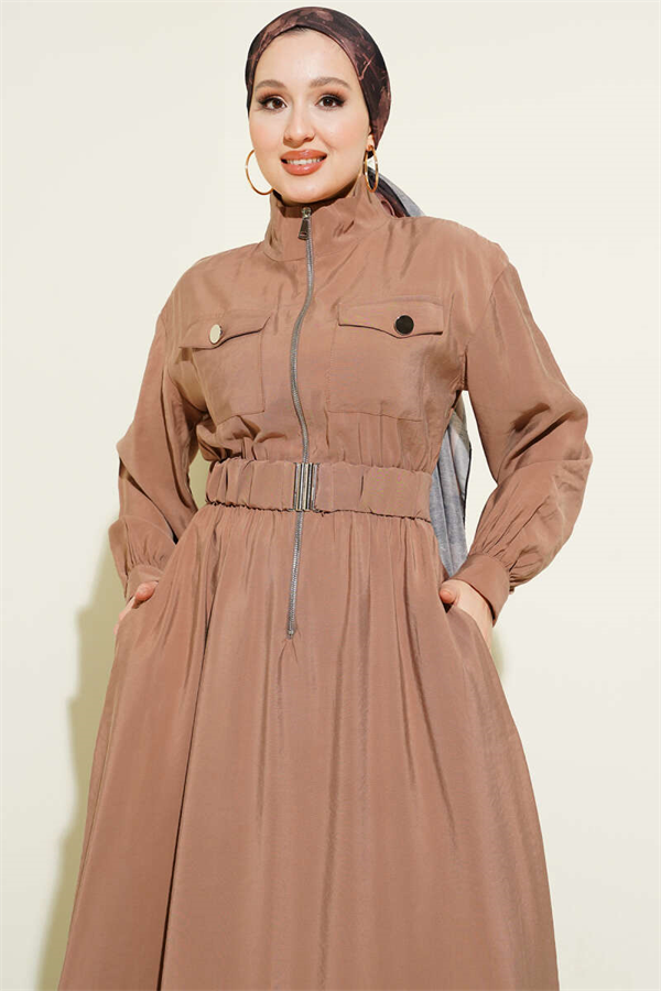 Tencel Dress with Elastic Waist and Zipper, Mink