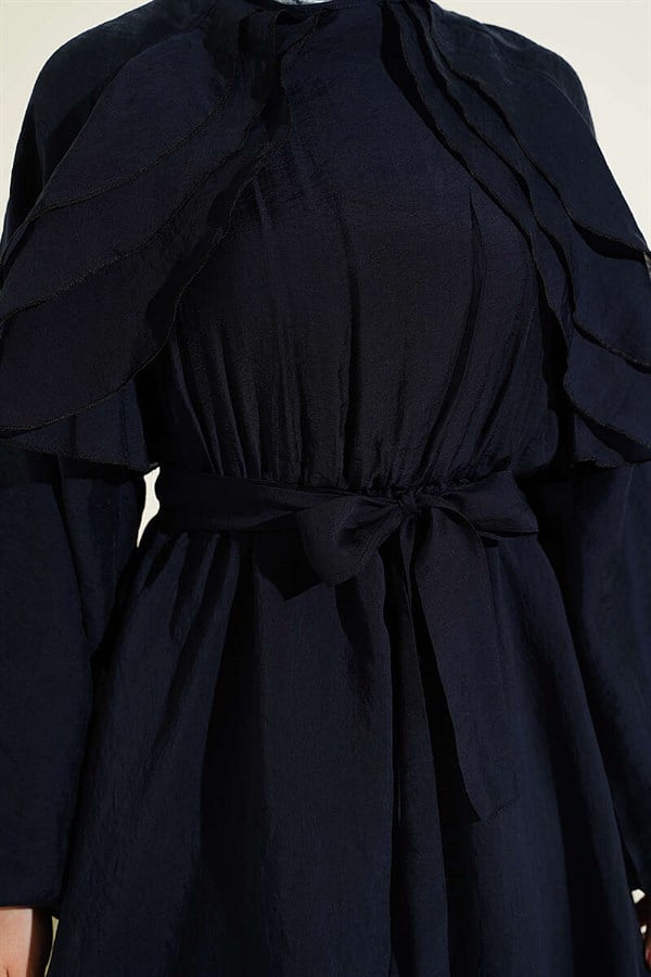 Navy Blue Dress with Elastic Waist, Ruffle Detail, and Belt