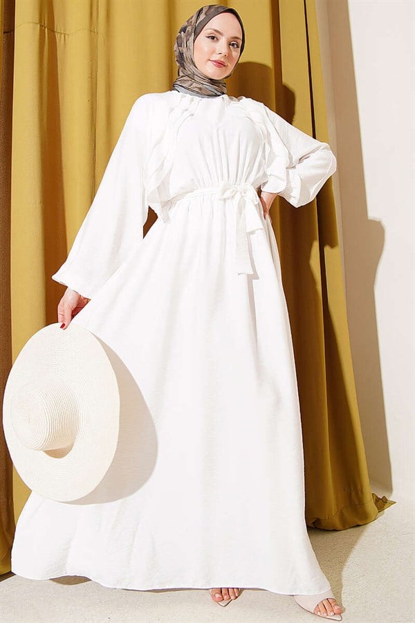 Belted Dress with Elastic Waist and Ruffle Detail, Ecru