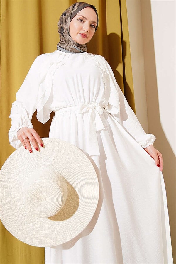 Belted Dress with Elastic Waist and Ruffle Detail, Ecru