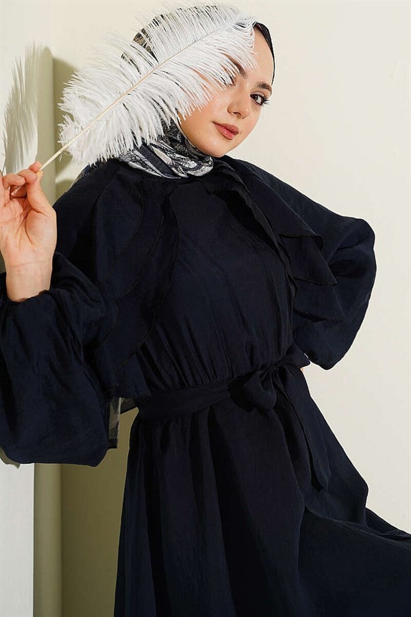Navy Blue Dress with Elastic Waist, Ruffle Detail, and Belt