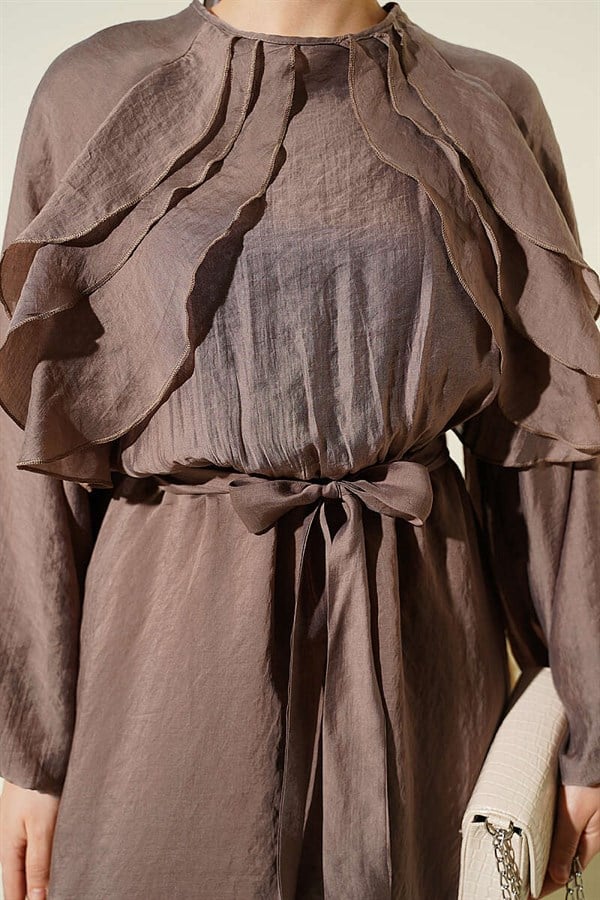 Belted Dress with Elastic Waist and Ruffle Details, Mink Color