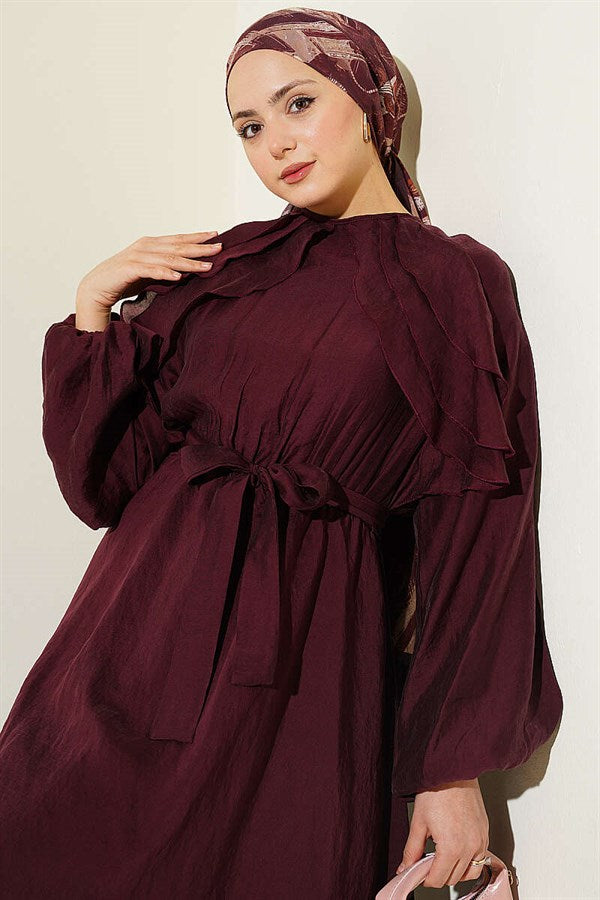 Burgundy Dress with Elastic Waist, Ruffle Detail, and Belt.