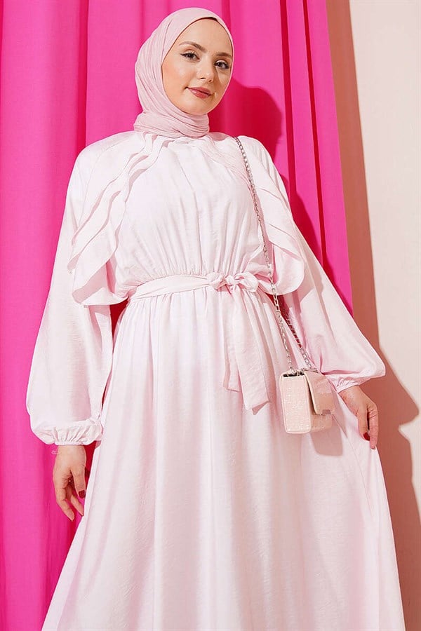 Pink Dress with Elastic Waist, Ruffle Detail, and Belt
