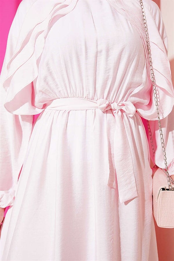 Pink Dress with Elastic Waist, Ruffle Detail, and Belt