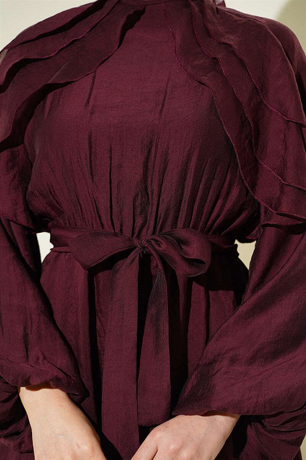 Burgundy Dress with Elastic Waist, Ruffle Detail, and Belt.