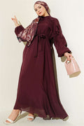 Burgundy Dress with Elastic Waist, Ruffle Detail, and Belt.