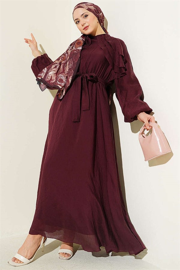 Burgundy Dress with Elastic Waist, Ruffle Detail, and Belt.