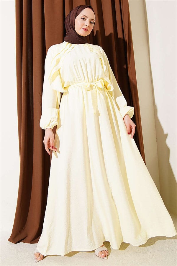 Yellow Dress with Elastic Waist, Ruffle Detail, and Belt