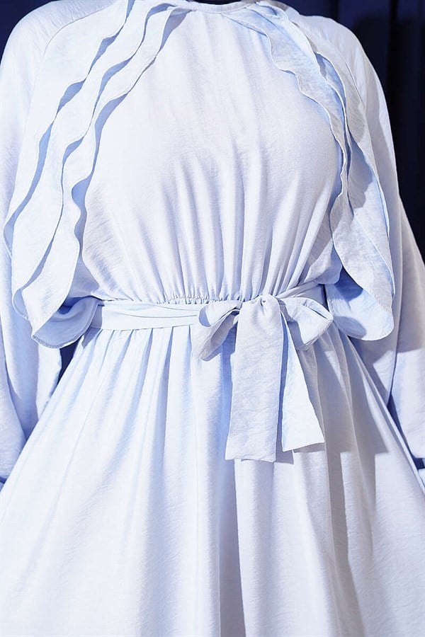 Elastic Waist Ruffle Detail Belted Dress Blue