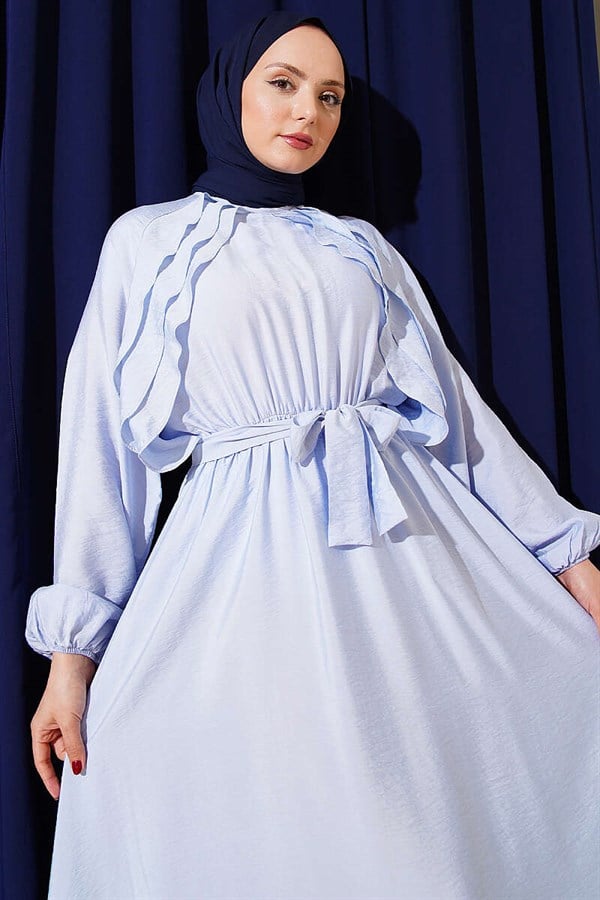 Elastic Waist Ruffle Detail Belted Dress Blue