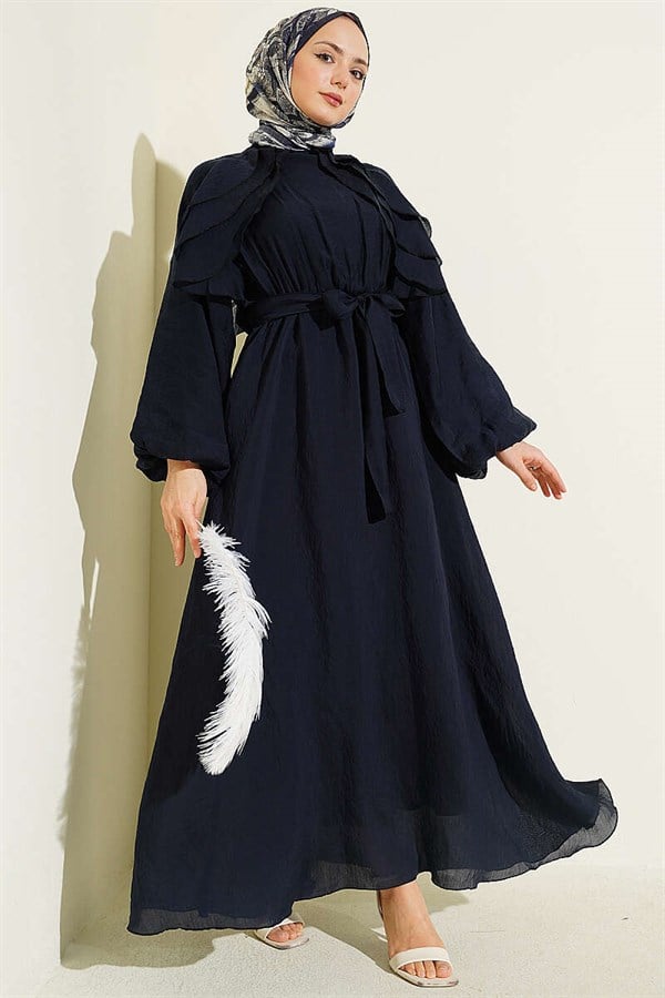 Navy Blue Dress with Elastic Waist, Ruffle Detail, and Belt