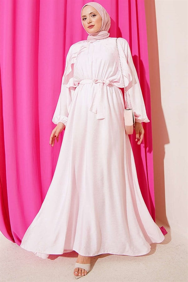 Pink Dress with Elastic Waist, Ruffle Detail, and Belt