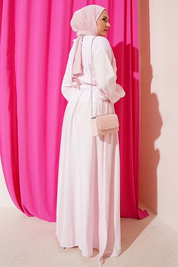 Pink Dress with Elastic Waist, Ruffle Detail, and Belt