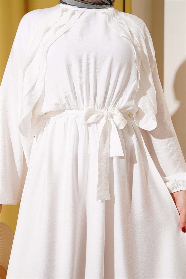 Belted Dress with Elastic Waist and Ruffle Detail, Ecru
